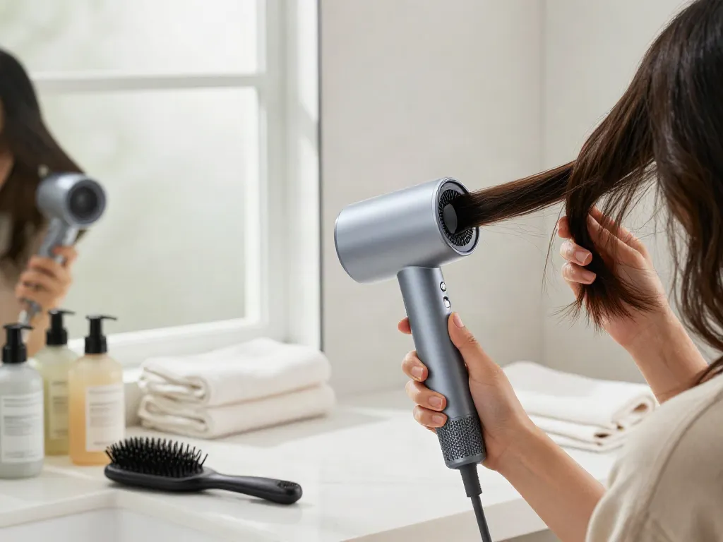 Leichtgewicht Haartrockner im Einsatz beim Frisieren im modernen Badezimmer.