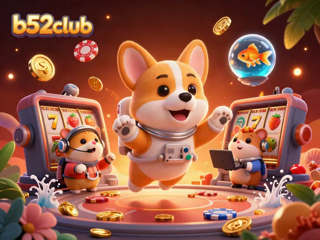 Experience the excitement of b52club with a vibrant 3D illustration of a space casino scene featuring fun characters.