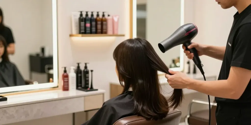 Professionelle Anwendung eines Ionen-Haartrockners im Salon für glänzendes Haar