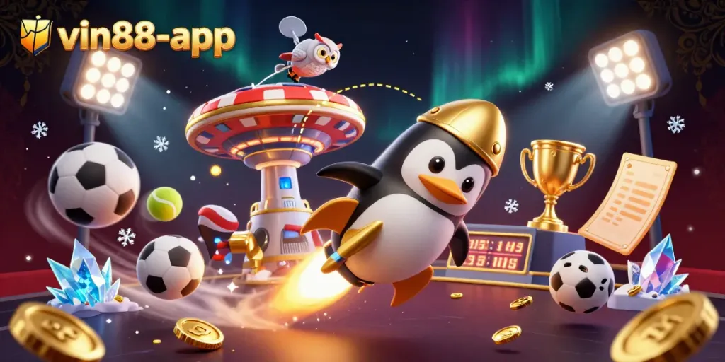 Experience the thrilling vin88-app with dynamic casino elements and vibrant visuals in this engaging illustration.