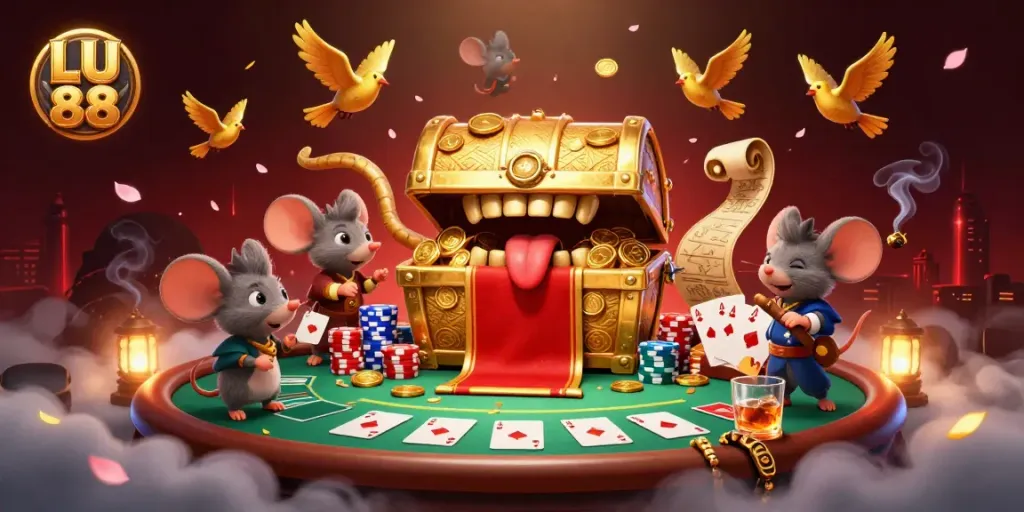 Experience thrilling wins at LU 88 casino with golden treasures and vibrant poker elements.