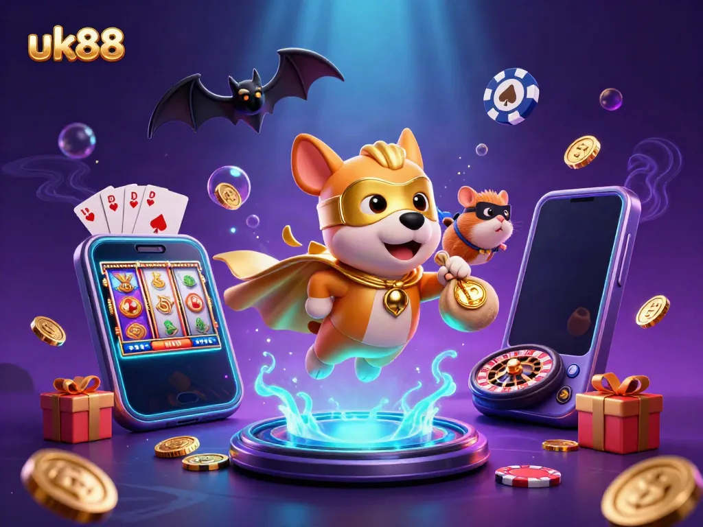 Experience thrilling gaming at uk88 with a dynamic scene featuring a superhero dog and sidekick in a vibrant casino setting.