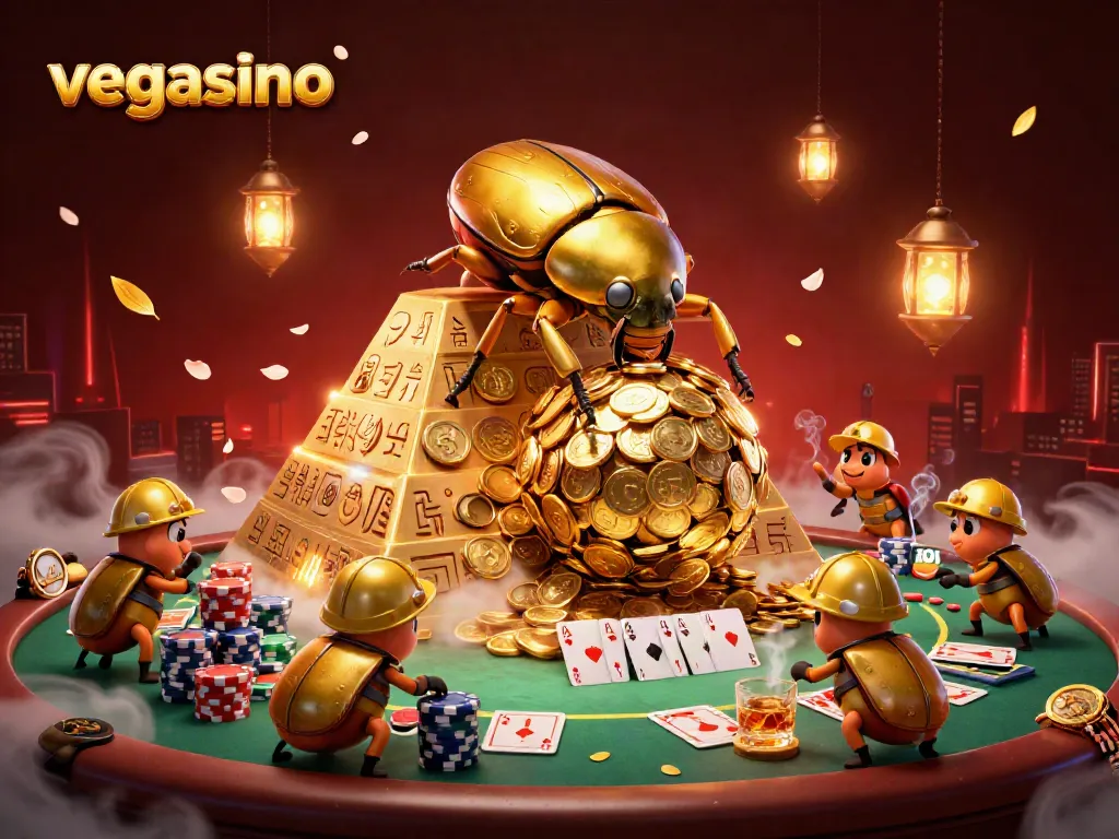 Experience thrilling gameplay at vegasino with golden beetles and casino symbols!
