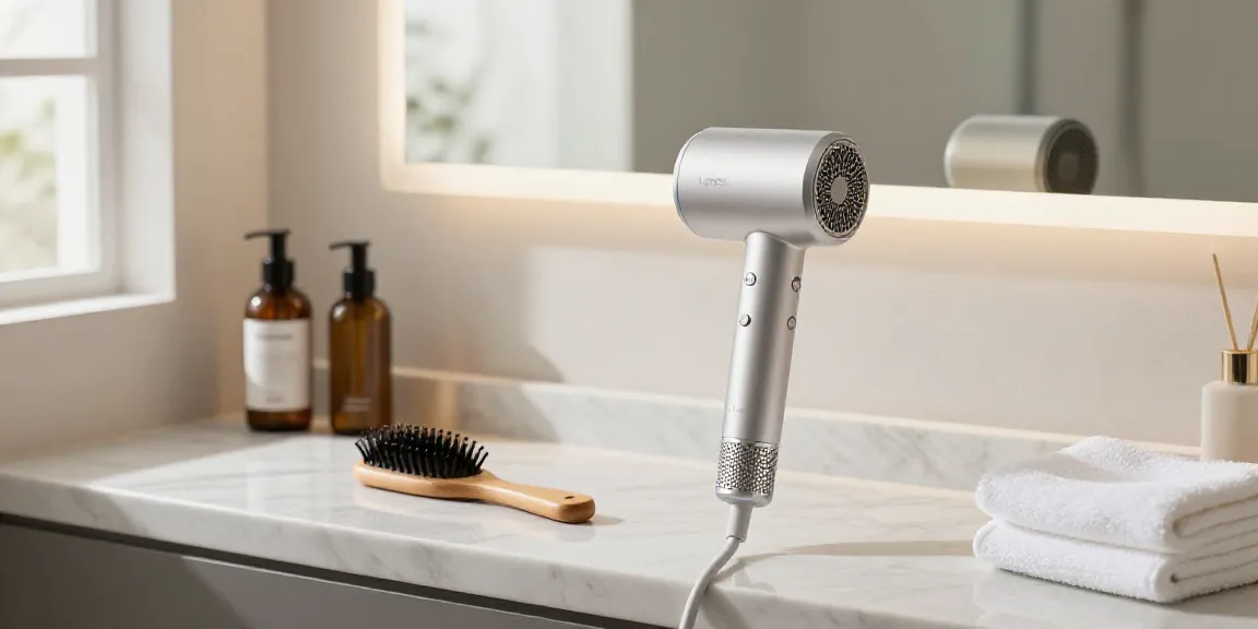 Eleganter Laifen Föhn auf einem luxuriösen Badezimmerwaschtisch mit Pflegeprodukten und Handtuch.