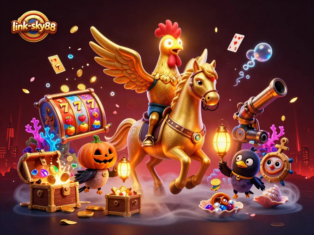 link-sky88 showcases thrilling casino action with a golden rooster and vibrant slot games.