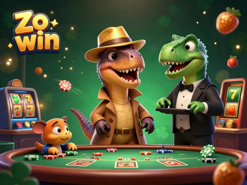 Experience the thrill at Zo win casino with a sneaky velociraptor card counter surrounded by vibrant slot game elements.