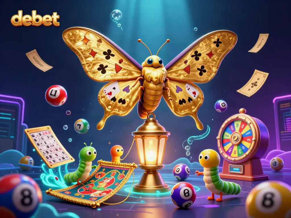 Experience the vibrant world of debet with a dynamic illustration featuring a golden-winged atlas moth amidst colorful lottery elements.