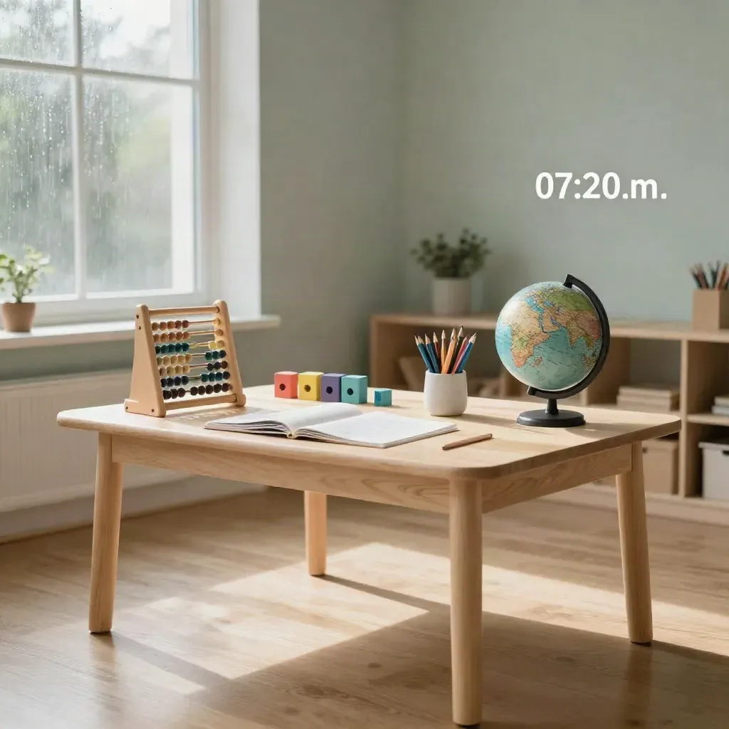 Kinderfreundliches Tutoring-Zimmer mit Lernmaterialien im Morgenlicht nach Regen.