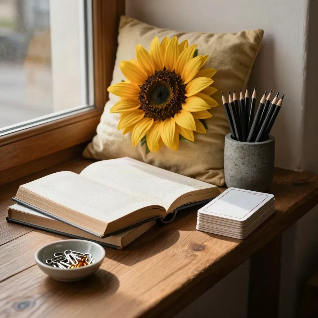 Deutsch-Lernnische mit Büchern, Bleistiften, Lernkarten und gelber Sitzkissen-Ecke