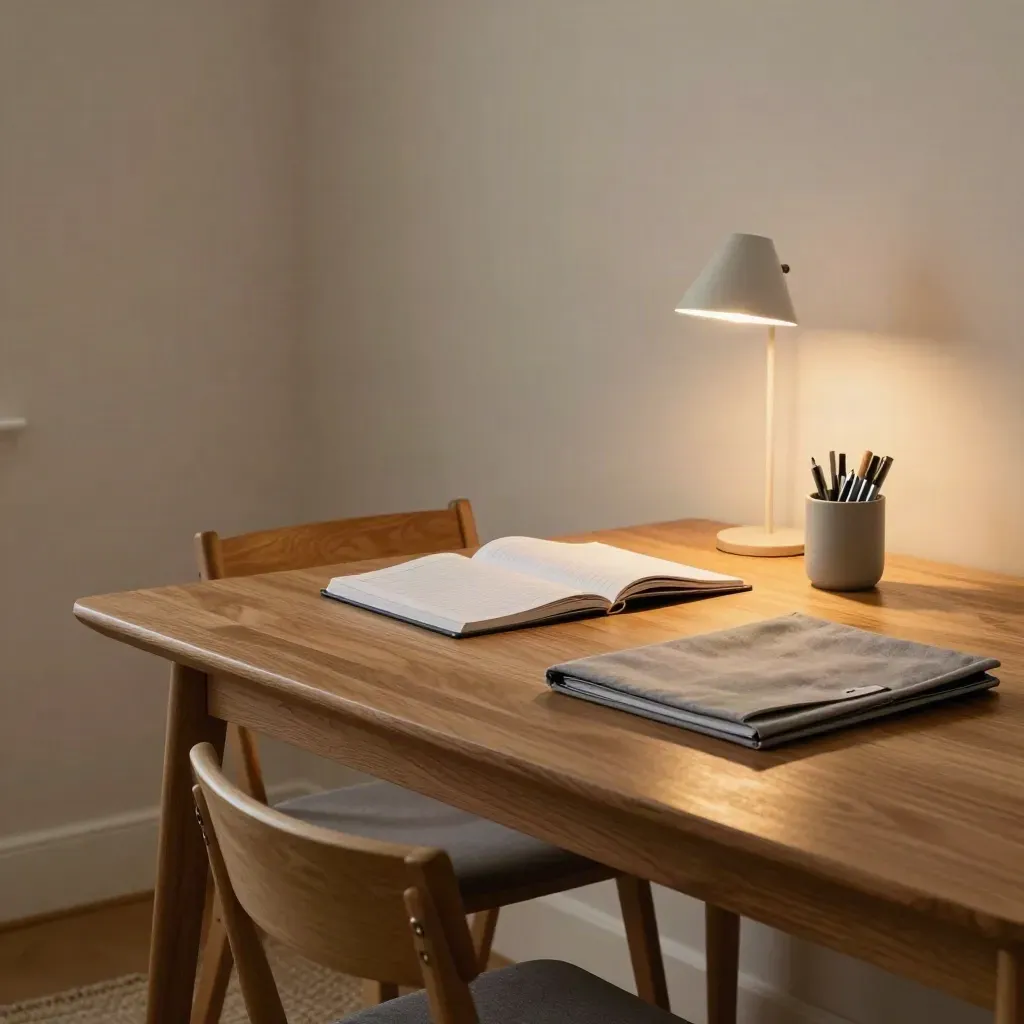 Ruhiger Hausaufgabenplatz mit geschlossenen Heften, warmer Lampe und eingeklappter Kinderstuhl