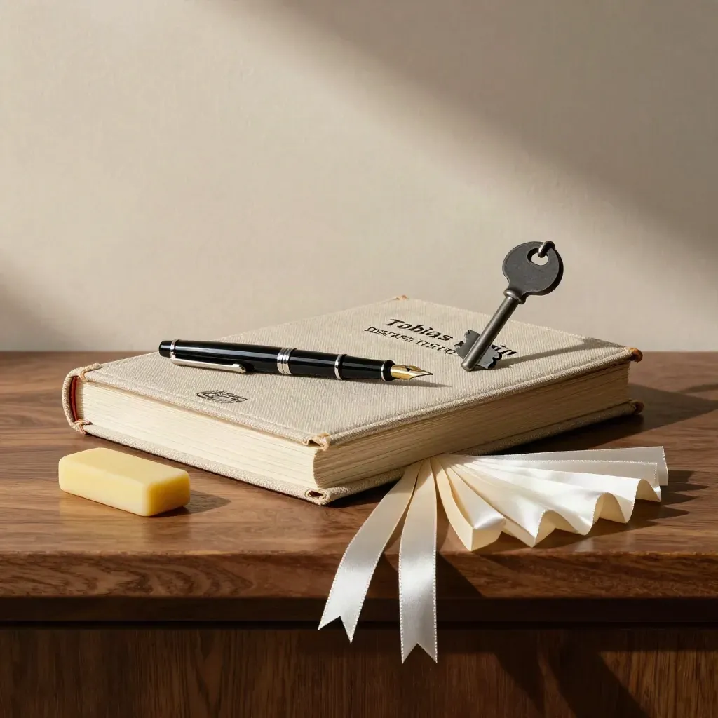 Deutsch-Tutor-Set mit Sprachmappe, Kalligraphie-Stift, Radierer und Lesebändern im warmen Licht