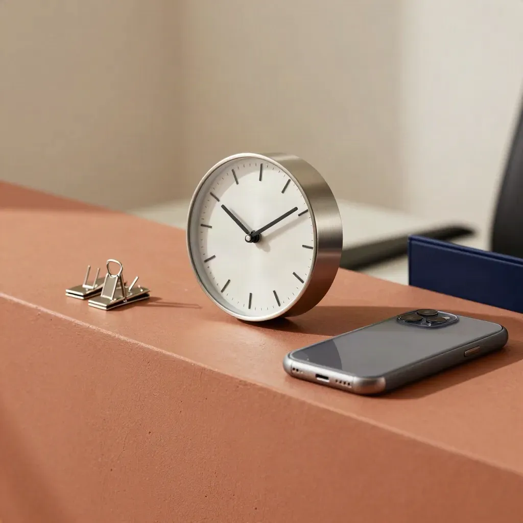 Makro eines Terminsets mit Uhr, Klammern, Smartphone und Ablage auf ruhiger Bürofläche.