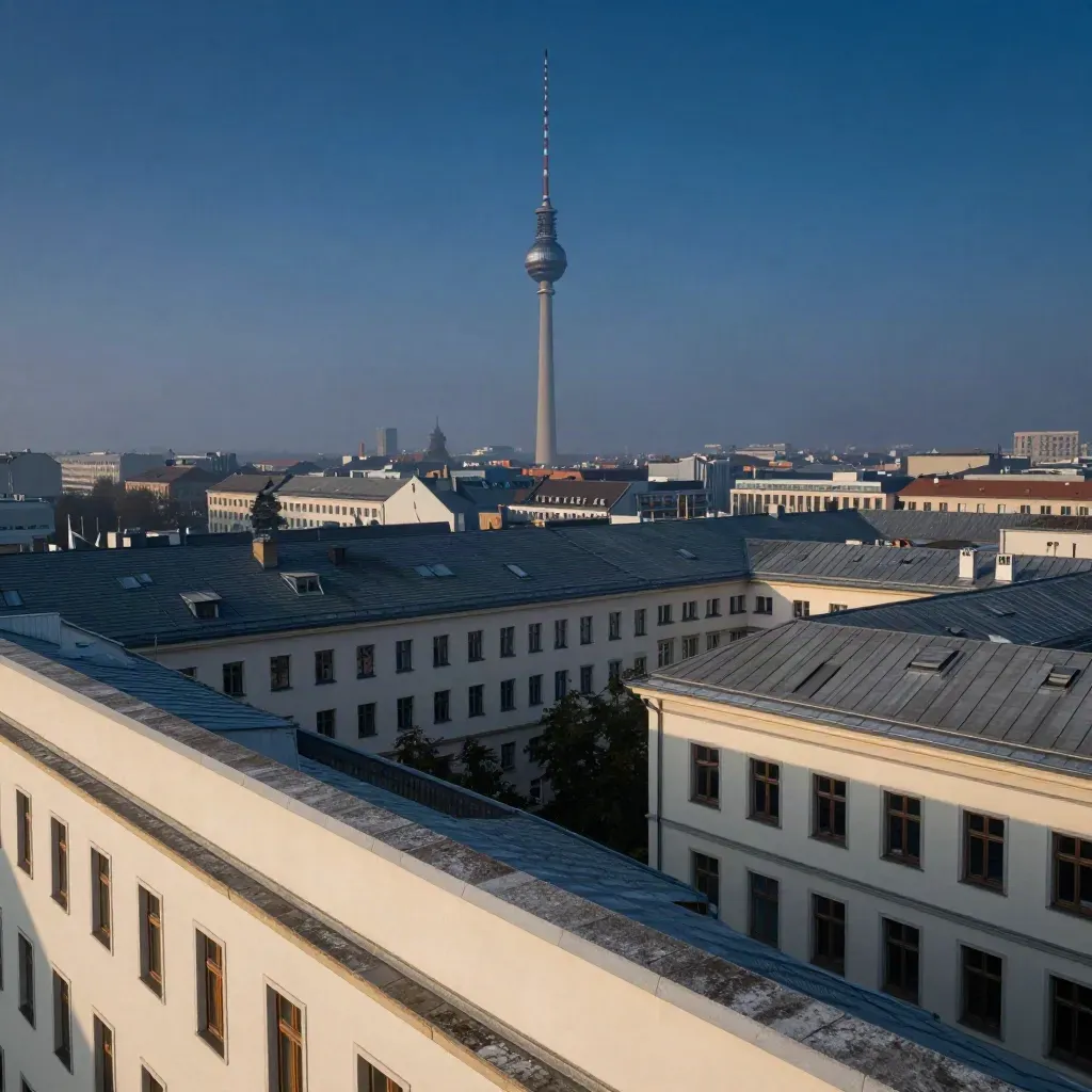 Berlin bei Abenddämmerung mit Fernsehturm hoch im Bild und ruhigen Dächern darunter