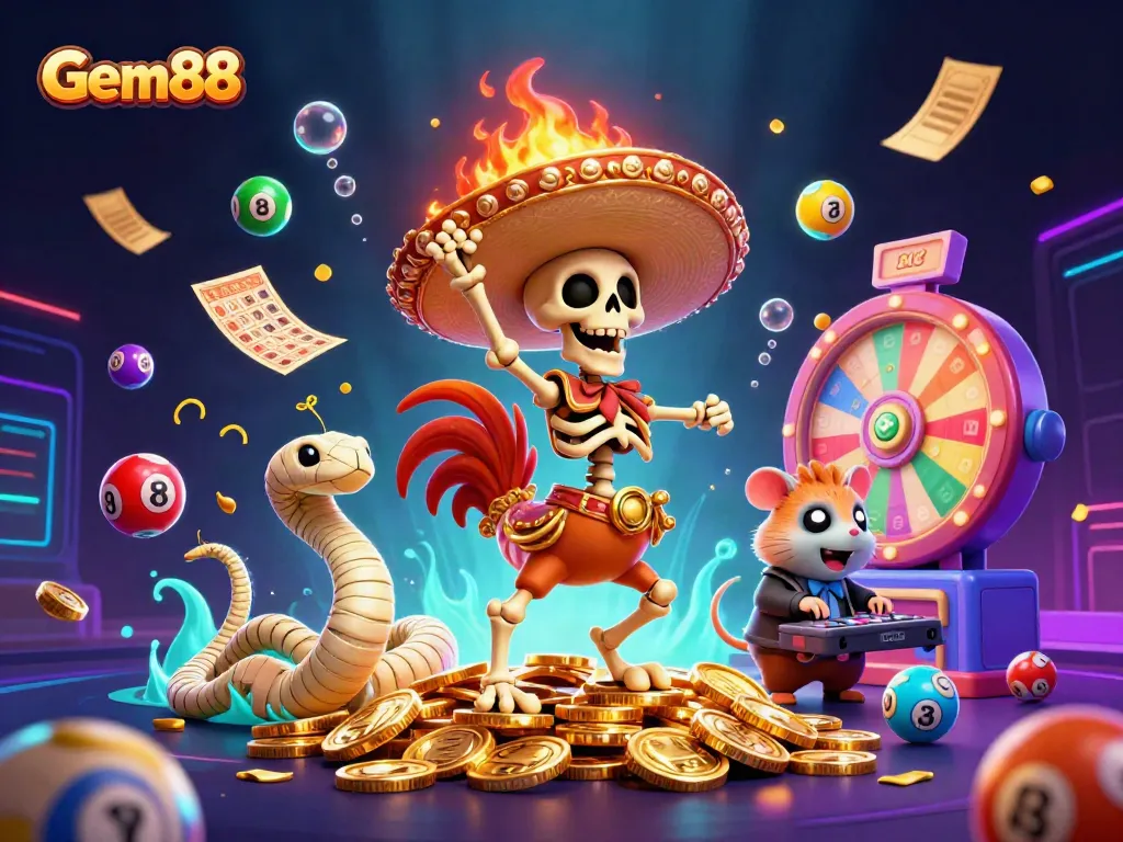 Experience Gem88 with a vibrant 3D scene showcasing a mariachi rooster, mummy snake, and DJ hamster celebrating among casino elements.
