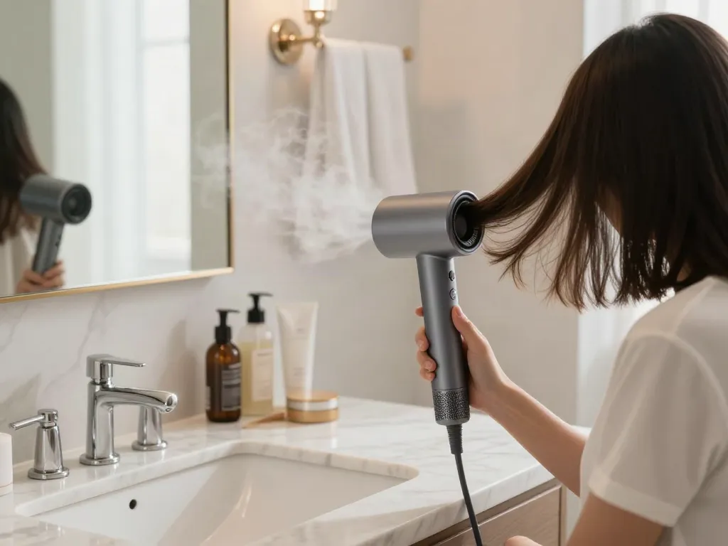 Leistungsstarker Föhn in modernem Badezimmer während des Stylings.
