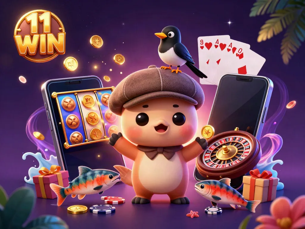 Experience the excitement of 11 WIN with our colorful slot game scene featuring playful characters!