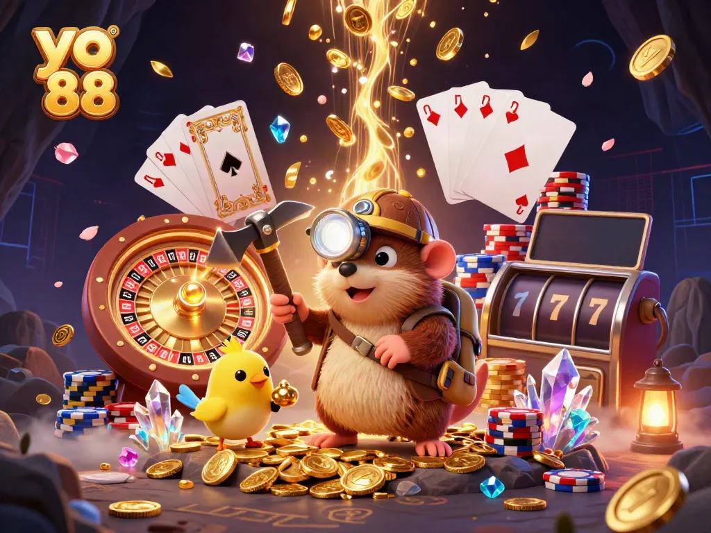 Experience the excitement of yo 88 with our vibrant treasure hunting scene filled with casino elements.