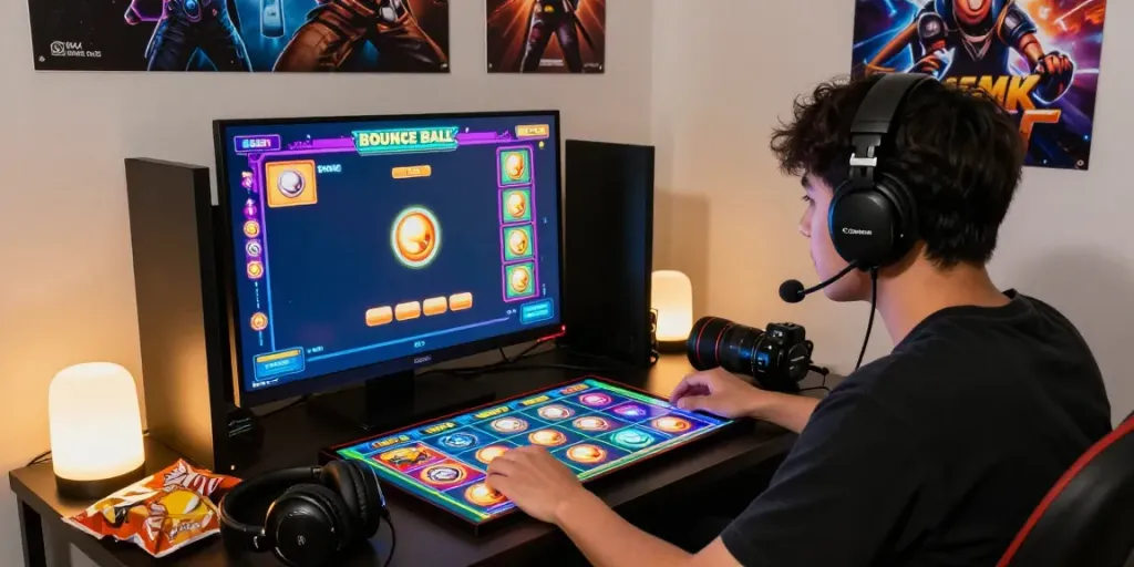 Player enjoying the GGSOFT Bounce Ball Slot game in a cozy gaming environment.