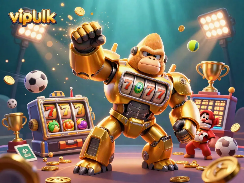 Engage with vibrant gaming action at vipluck featuring a golden gorilla mech and slots elements.