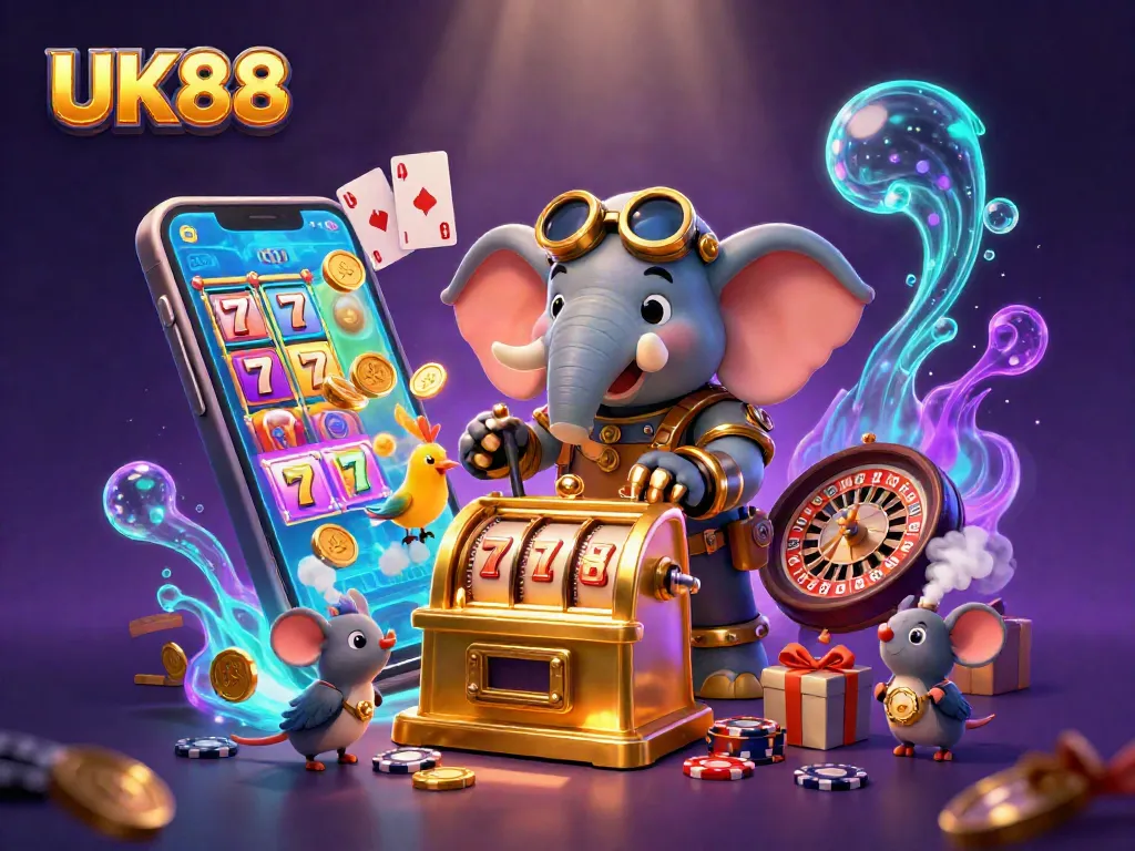 Spin winning jackpots at UK88 with an exciting steampunk casino scene full of vibrant characters and games.