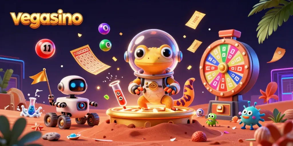 Engage with Vegasino's vibrant casino scene where the Martian gecko discovers hidden treasures!