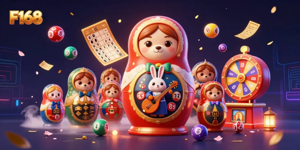 Experience the excitement of F168 with vibrant lottery balls, engaging characters, and dynamic gaming elements.
