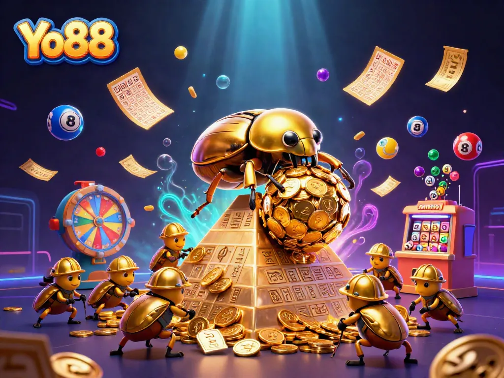 Engage in exciting gaming experiences at Yo88 with a vibrant 3D illustration showcasing a golden dung beetle and casino elements.